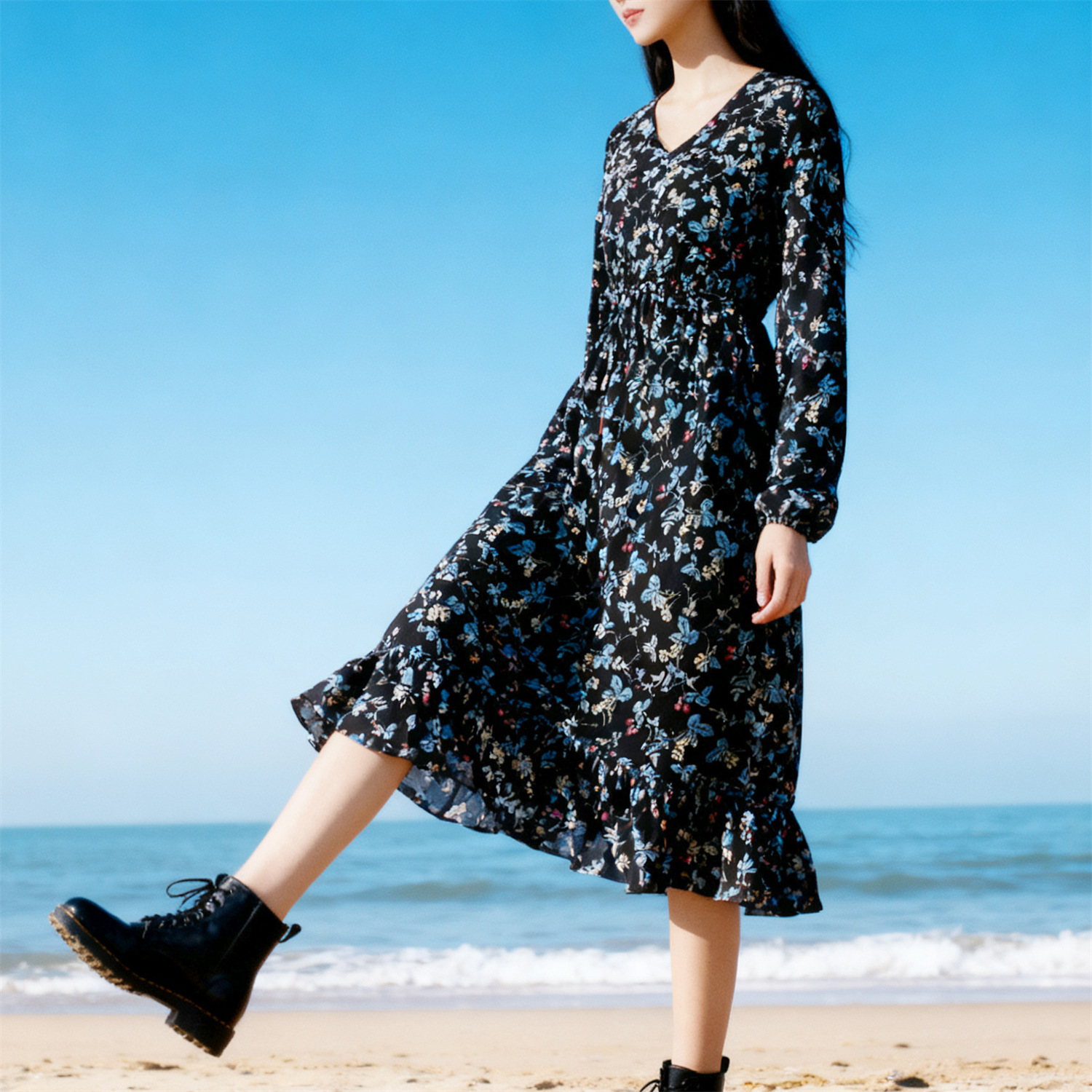 加绒加厚黑色连衣裙百搭打底显瘦