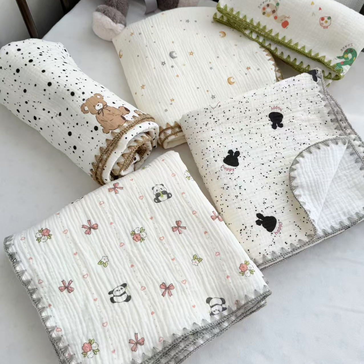 纯棉四层皱皱纱A类婴儿盖毯贝壳边宝宝浴巾儿童盖毯吸汗柔软亲肤