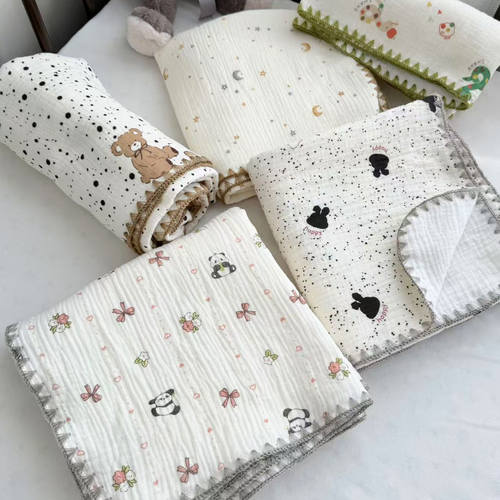 纯棉四层皱皱纱A类婴儿盖毯贝壳边宝宝浴巾儿童盖毯吸汗柔软亲肤