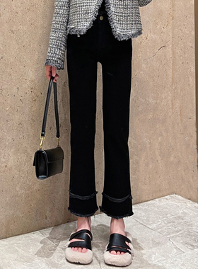 大码黑色烟管裤女春季新款设计感毛边牛仔裤胖mm显瘦高腰直筒裤子