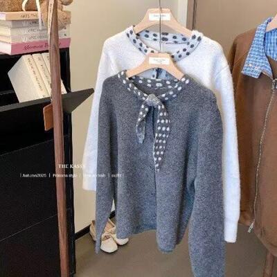 灰色波点系带单排扣针织开衫