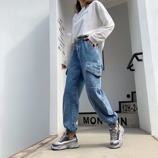 胖mm百搭多口袋九分长裤 哈伦松紧腰束脚工装 大码 女春秋新款 牛仔裤