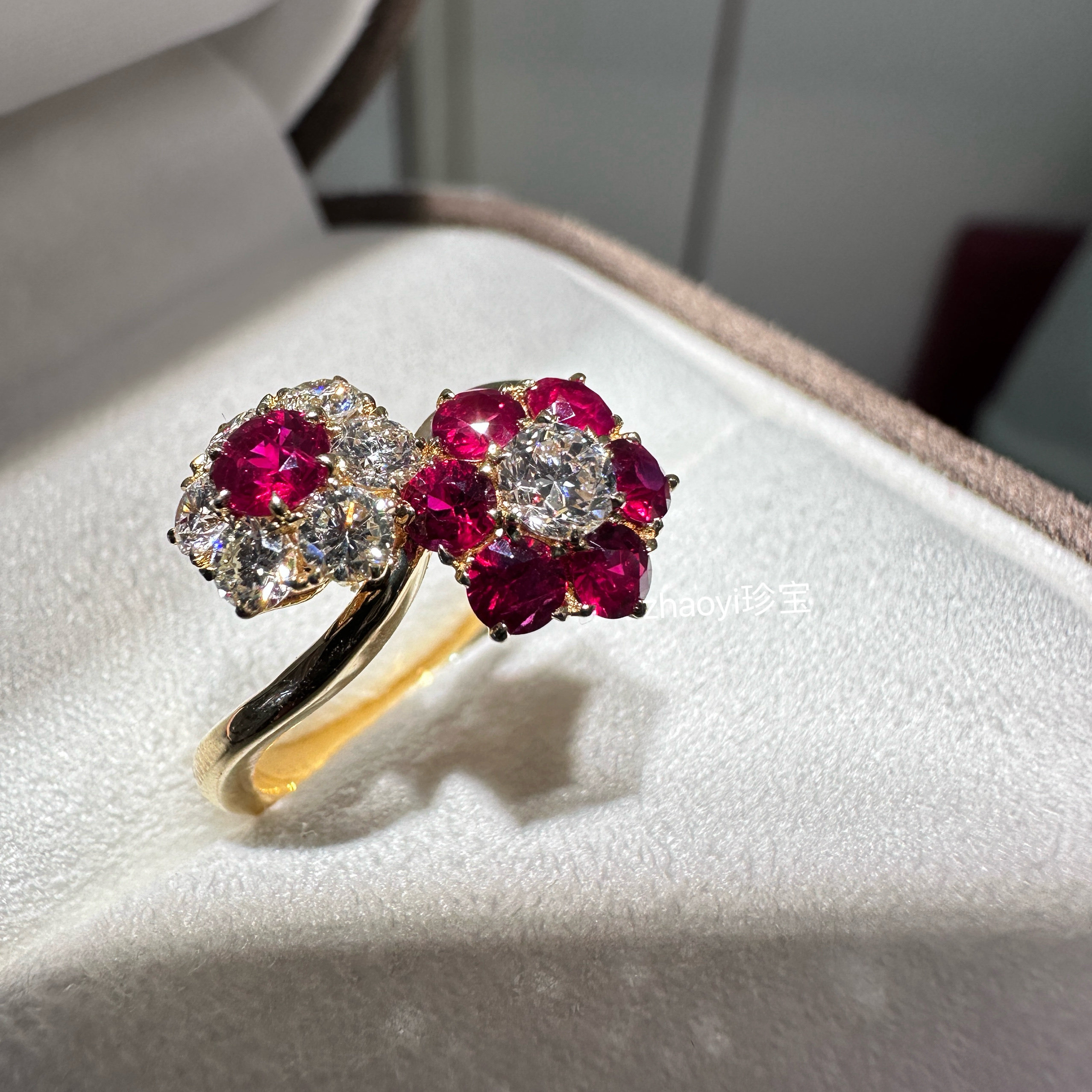 Zhaoyi珍宝～18K金红宝石钻石双花戒指