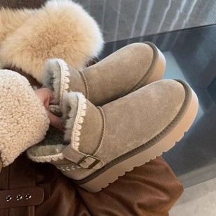 女鞋短筒桑坡雪地靴女冬厚底加绒加厚短款棉鞋平底防滑棉靴短靴子