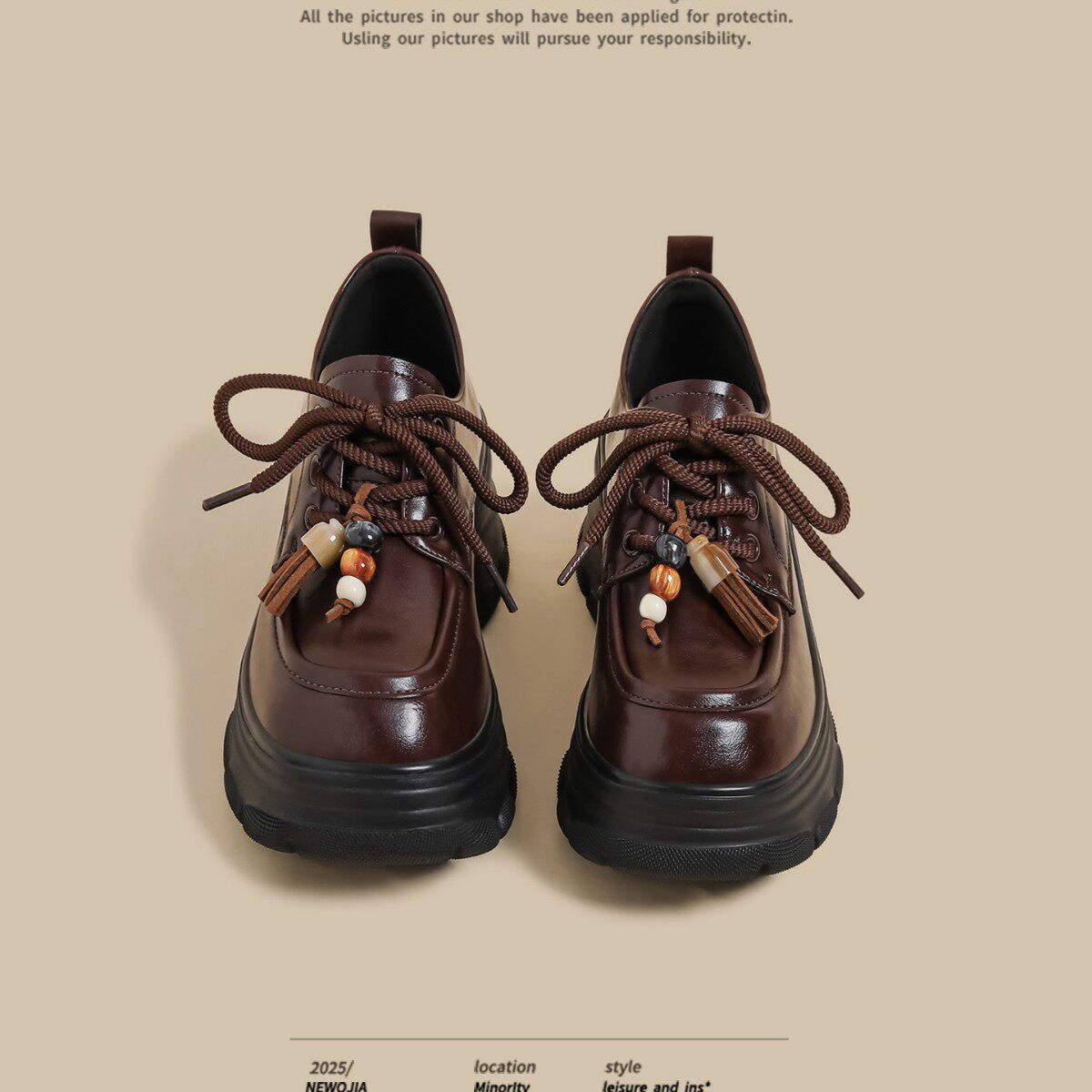 2026款厚底乐福鞋女棕色系带粗高跟英伦风小个子松糕小皮鞋单女鞋