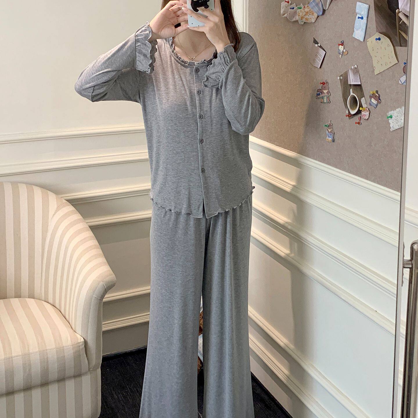 秋冬季带胸垫莫代尔睡衣女套装