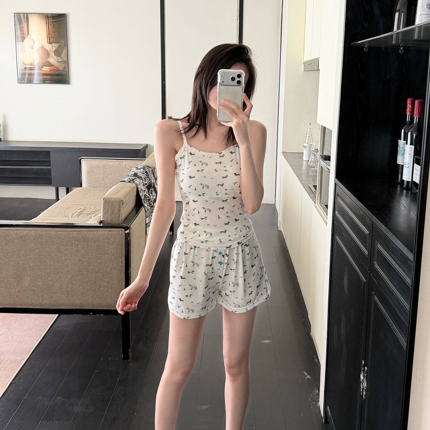 带胸垫纯棉女款吊带睡衣夏季轻柔舒适款性感风吊带短裤套装家居服