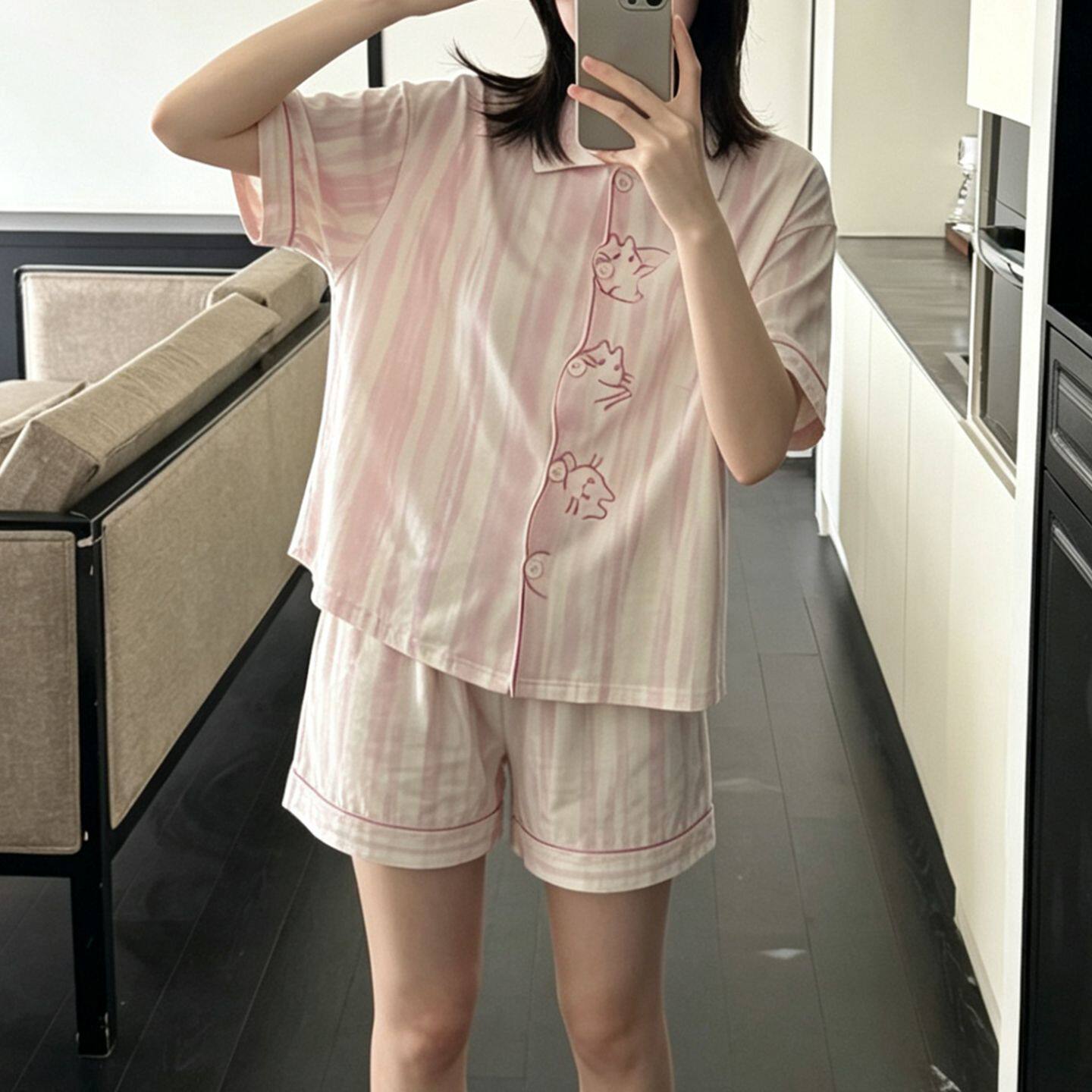 2026夏季睡衣女款新品宽松显瘦少女感开衫纯棉短袖短裤套装家居服