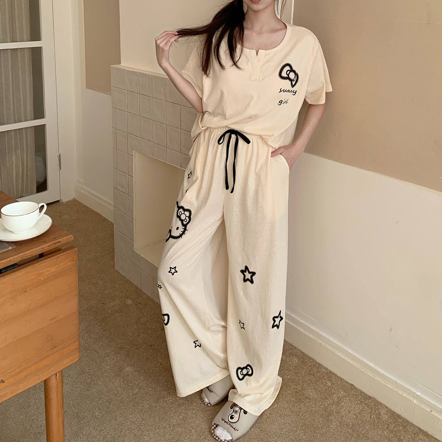 2026夏季女款带胸垫纯棉睡衣宽松显瘦甜美轻柔舒适短袖套装家居服