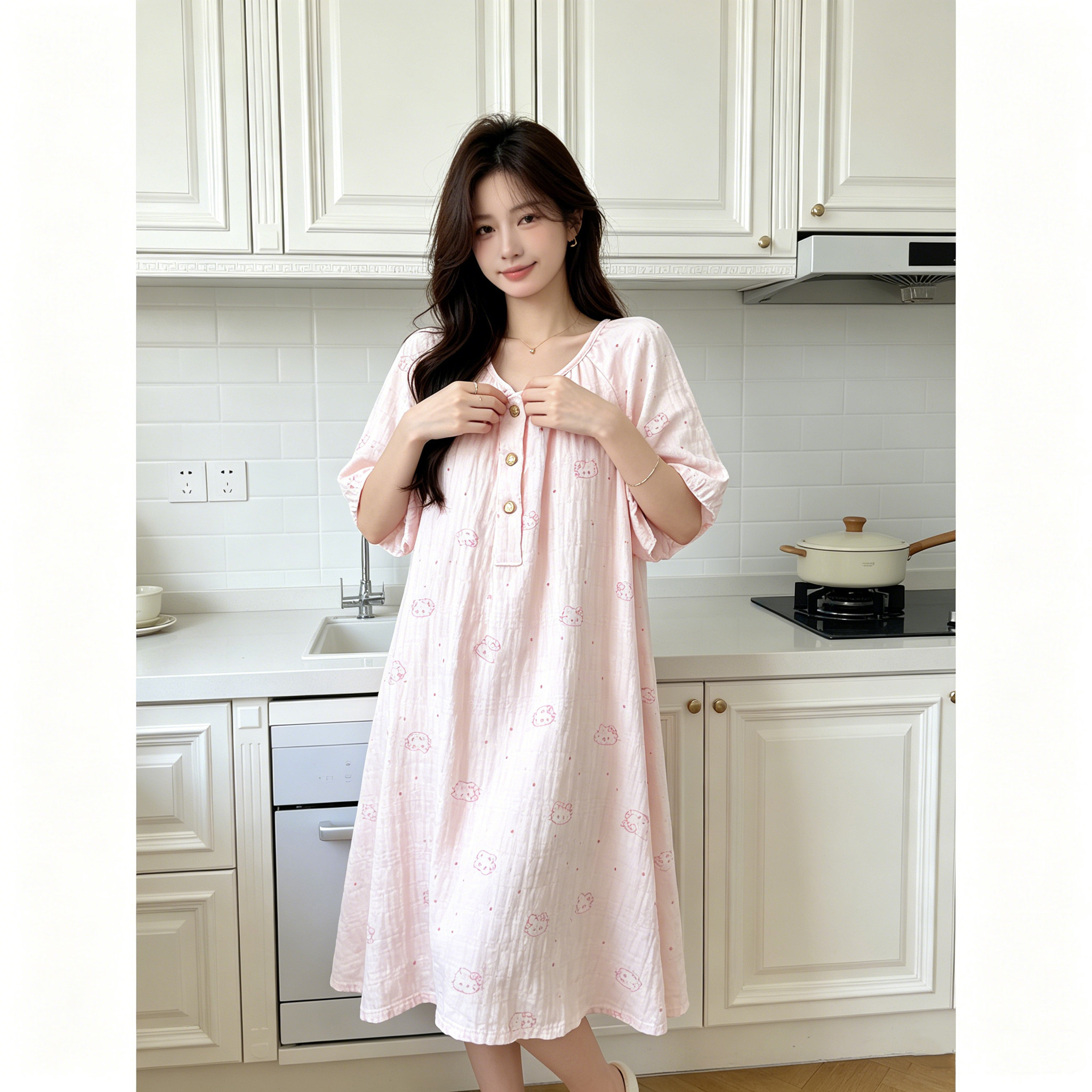 夏季粉色KT猫女款短袖睡裙家居服