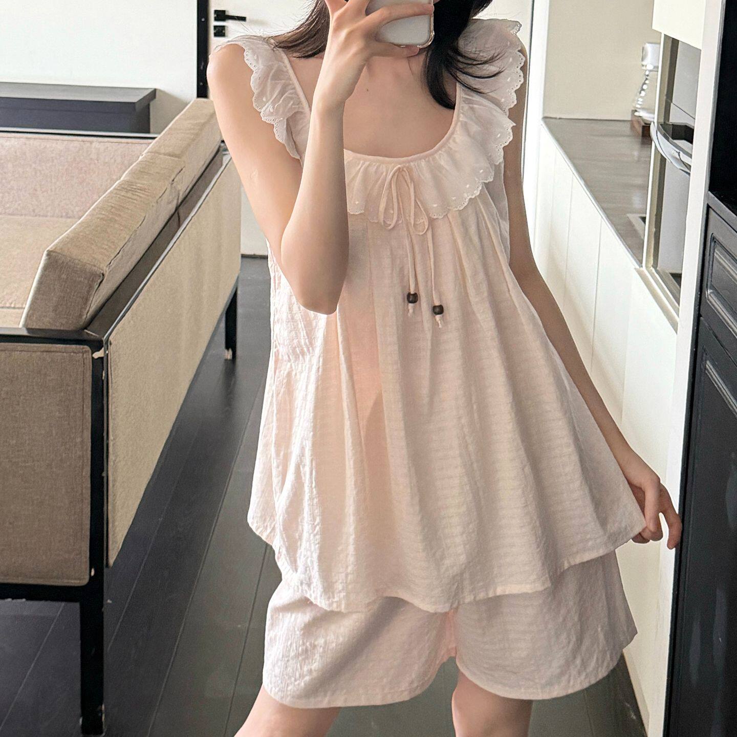 睡衣女夏季棉麻感舒适套装家居服