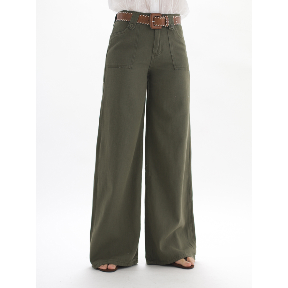 军绿色斜纹复古梨形友好阔腿裤