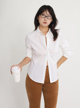 ohmyloli 基础白色收腰翻边袖口四季款长袖修身officesiren衬衫