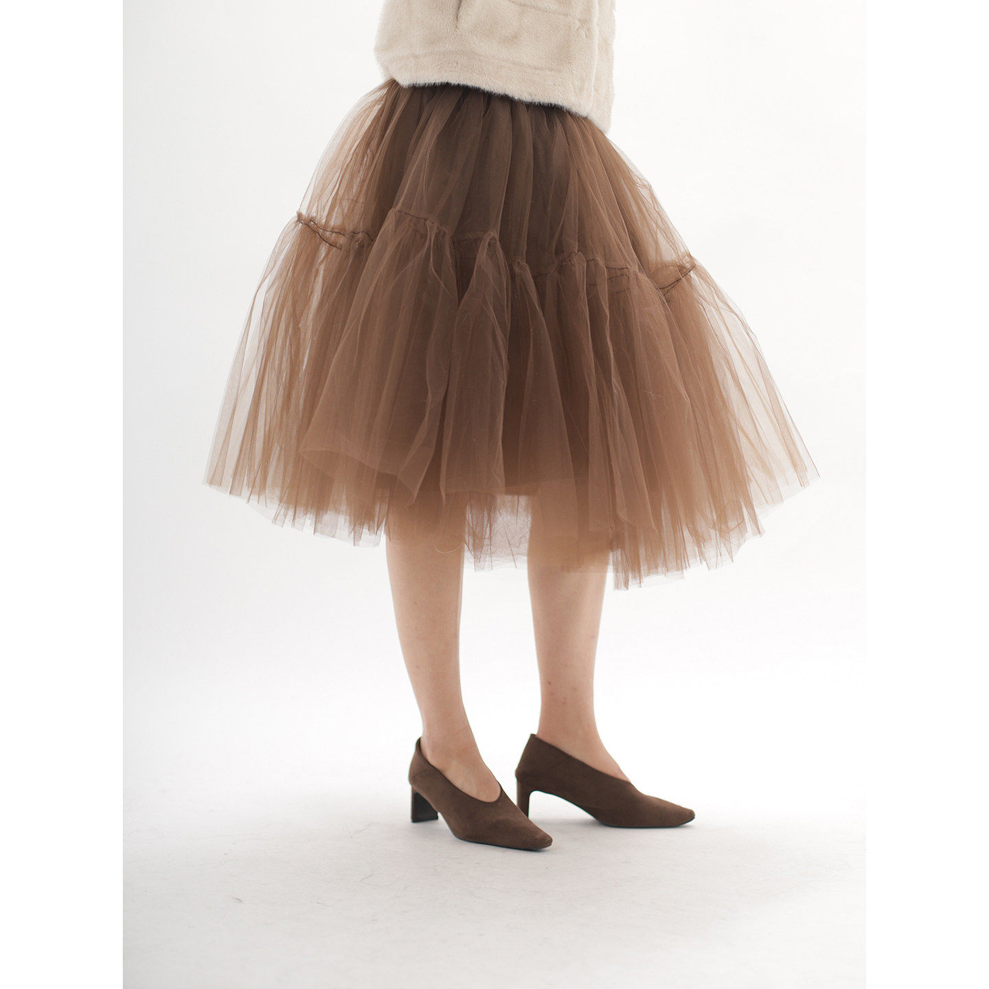 12/08 0点ohmyloli复古挺廓网纱五层松紧腰围棕咖色蓬蓬裙