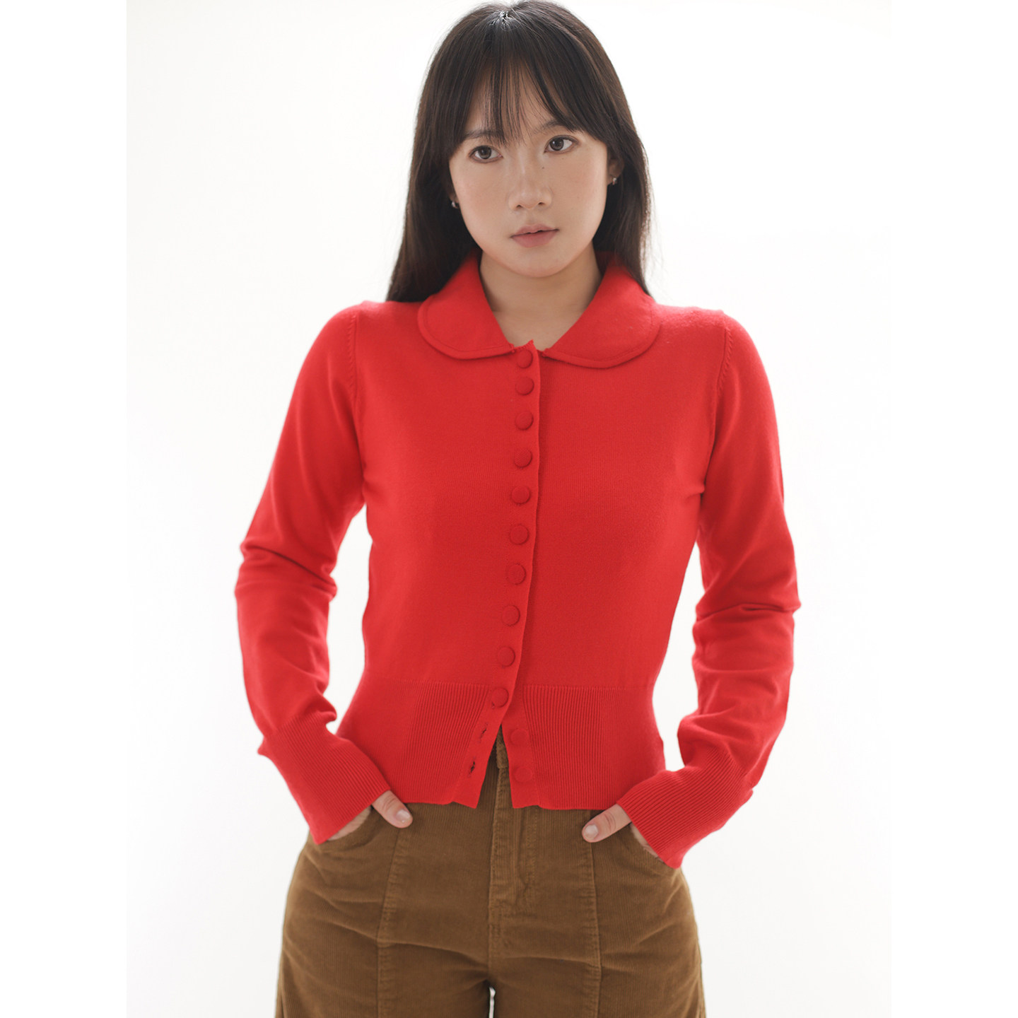 ohmyloli 法式正红复古娃娃领包布单排扣修身长袖针织开衫,女装/女士精品,毛针织衫,淘宝优惠券,粉丝福利购,淘宝优惠卷