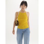 ohmyloli 双层弹力网纱小荡领挂脖系带露背侧褶收腰夏日背心