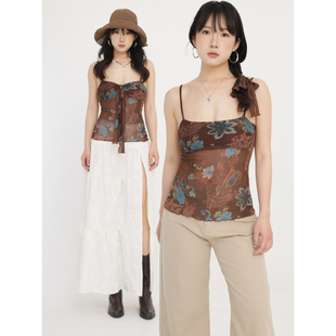 ohmyloli 嬉皮复古印花弹力网纱多穿vtg吊带弹力春夏背心