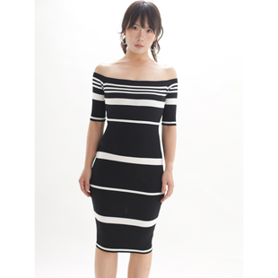 ohmyloli 拼色条纹挂肩中袖修身千禧复古“时髦小姨”针织连衣裙