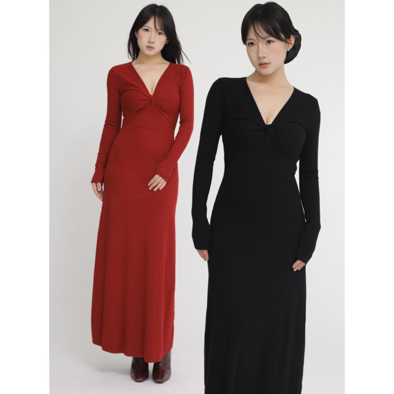 ohmyloli 红色黑色法式v领针织纽结修身显瘦长袖气质长款连衣裙