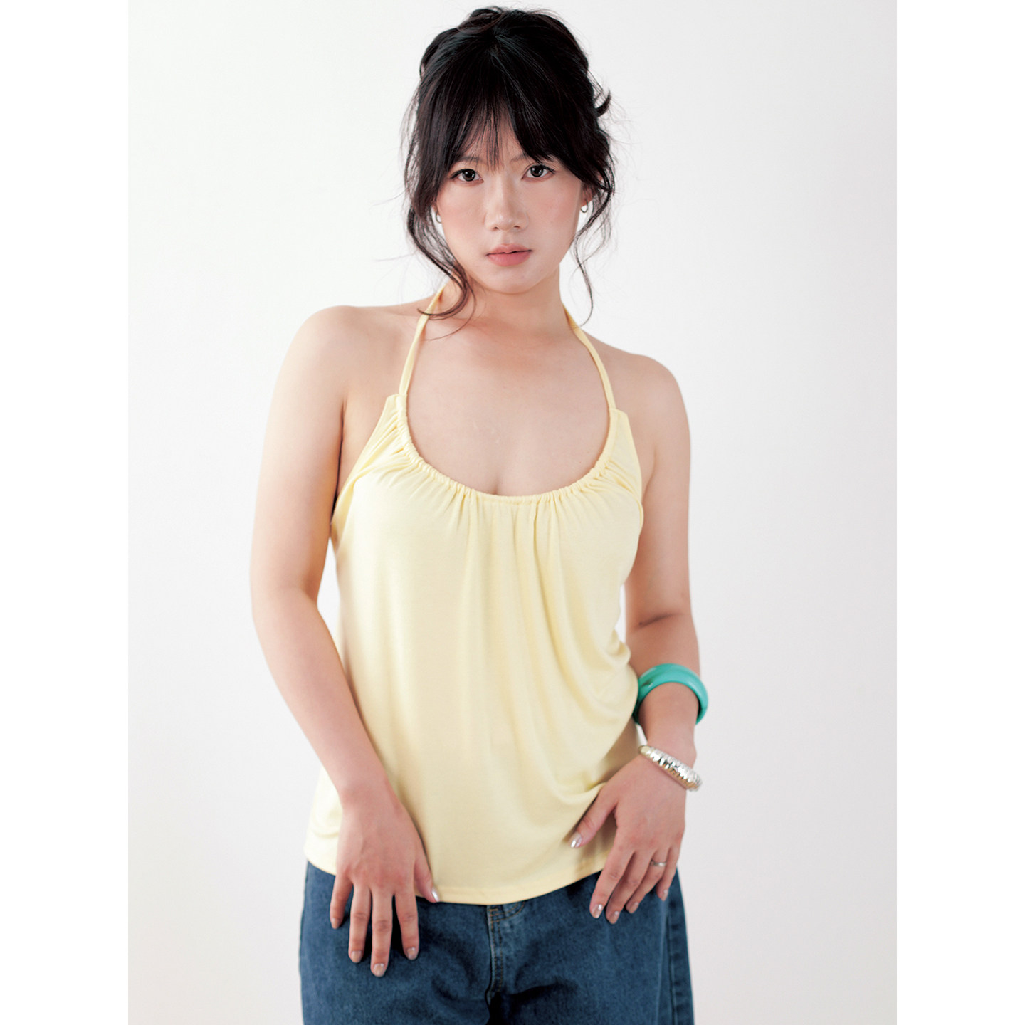 ohmyloli 美式复古夏日柠檬黄系带抽褶露背外穿夏季上衣挂脖背心