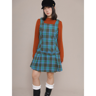 ohmyloli 复古绿格低腰拼色格纹呢料方领压褶秋冬背心连衣裙