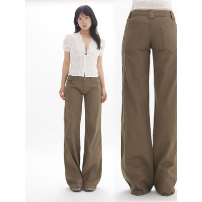 ohmyloli 拼接剪裁复古棕咖千禧复古低腰拖地显瘦直筒工装感长裤