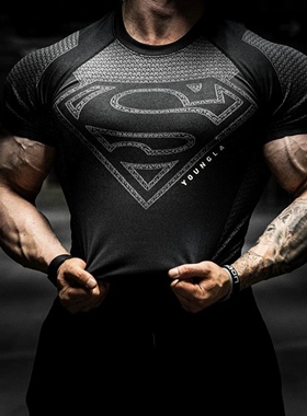 YOUNGLA美式运动短袖男超人健身衣速干弹力T恤透气紧身肌肉运动衣