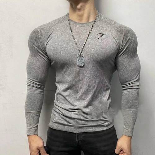 GYMSHARK健身长袖男士无缝健身衣显肌肉速干训练高弹鲨鱼运动T恤