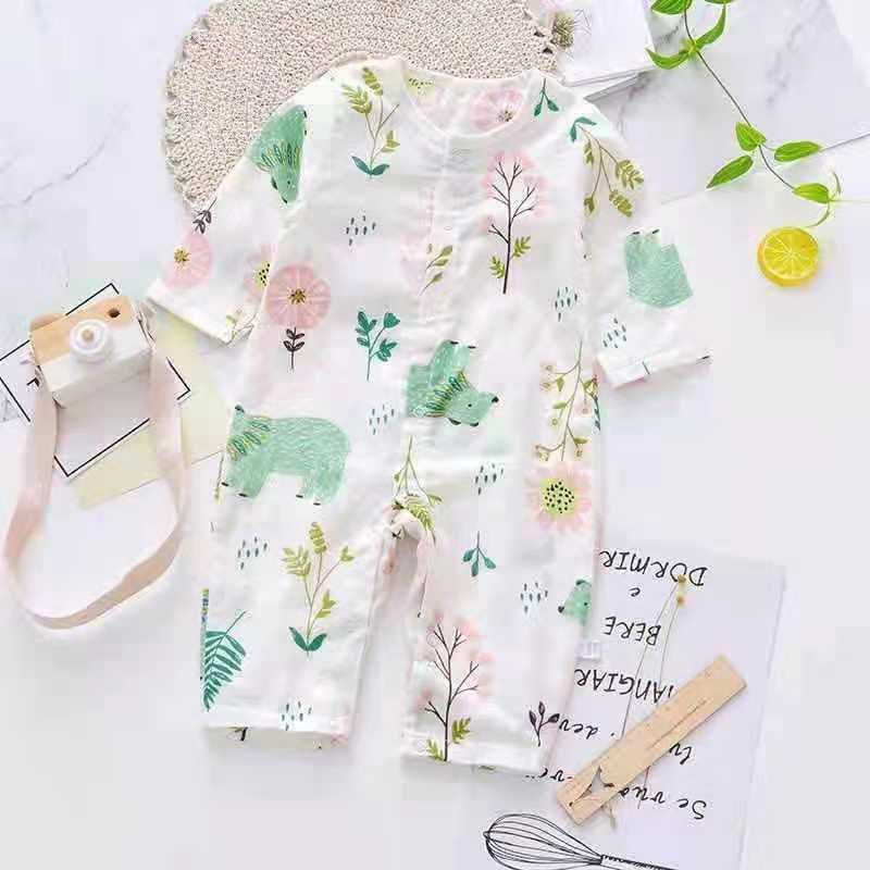 婴儿棉绸长袖连体衣纯棉双层春夏薄款宝宝纱布爬服新生婴幼儿睡衣