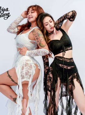 NIKIYAYOUNG云雾蕾丝透视网纱飘带流苏半身裙舞蹈练功服套装