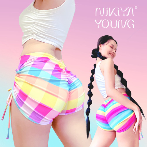 NIKIYAYOUNG【Twerk Pro】电臀短裤多巴胺彩虹条纹健身瑜伽超显臀