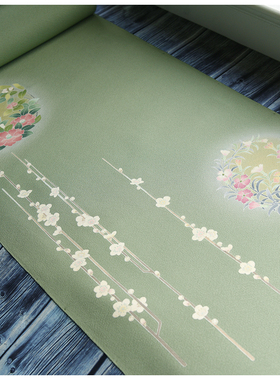 进口中古正绢真丝绿色花环付下反物整卷布料荷包口金中式汉服旗袍