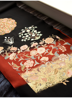 进口中古正绢真丝刺绣宝相花描金黑留袖反解口金零料汉服旗袍面料