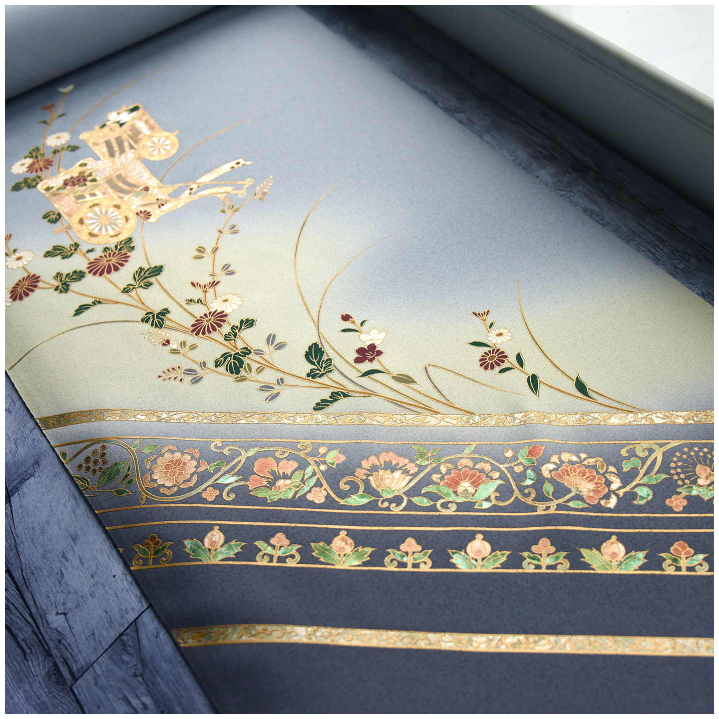 进口中古正绢真丝蓝灰花车金彩付下反物整卷布料汉服旗袍面料