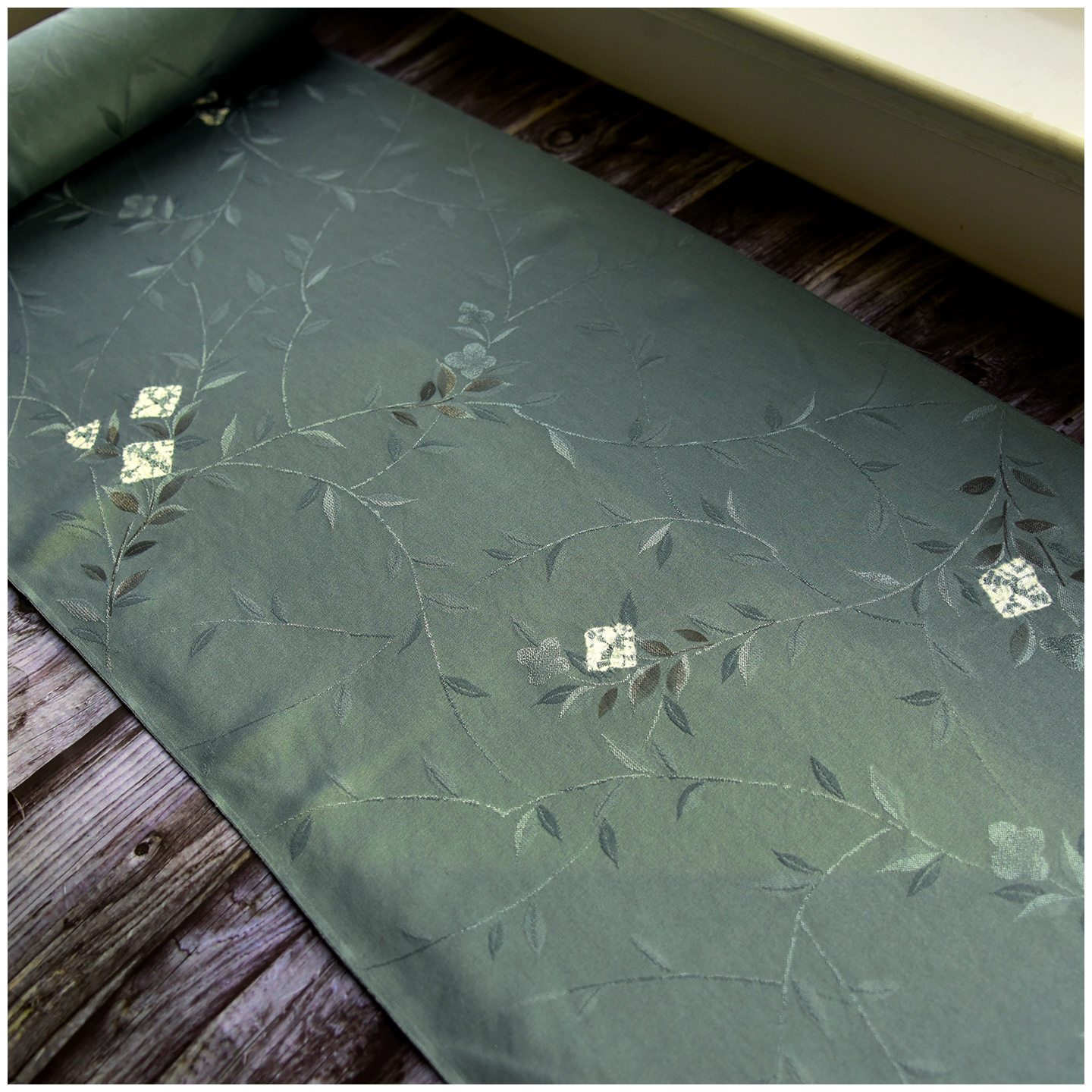 进口中古正绢真丝深蓝绿花枝羽尺小纹反物布口金荷包零料旗袍汉服