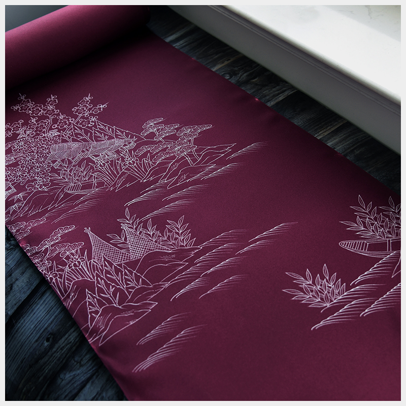 日本进口正绢真丝暗红白描布料