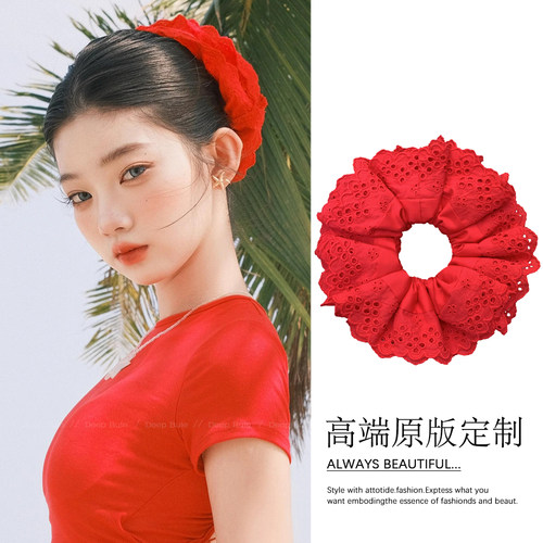 红色蕾丝大肠发圈女韩系高级感扎头发丸子头头绳2026新款超大头花