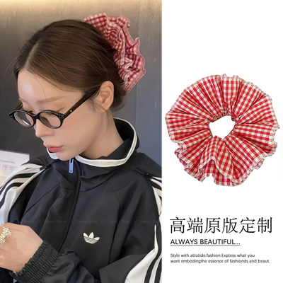 红色格子大肠发圈韩国earlobe东大门同款扎头大号头绳高级感头花