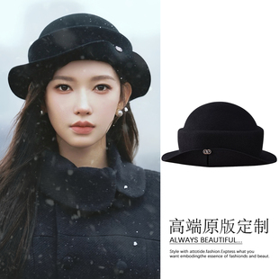 程潇同款羊毛呢黑色帽子礼帽女款冬天高级感法式气质卷边圆顶盆帽