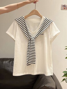 设计感上衣 新款 纯棉刺绣白色v领条纹披肩两件套短袖 t恤女2025夏季