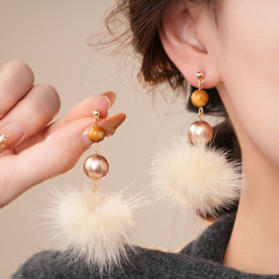 耳语象限银针秋冬虎眼石串珠毛球珍珠耳钉轻奢高级感时尚气质耳饰