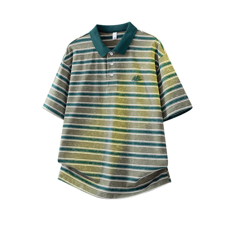 薄款Polo衫男款高街潮流美式宽松舒适纯棉夏季百搭翻领横条纹上衣