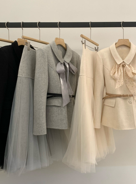冬上新轻奢羊毛外套+同色丝巾A字裙纱裙半身裙套装（含100%羊毛）