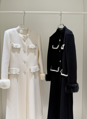 冬上新赫本风经典黑白配色大衣珍珠纽扣羊毛外套（含90%羊毛）