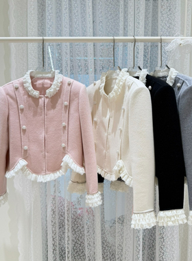冬上新拼色蕾丝圆领单排扣羊毛外套（含90澳毛）