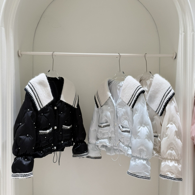 冬上新法式复古海军领撞色线迹短款绗缝短外套