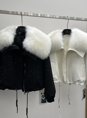 冬上新白色狐狸毛短款鹅绒保暖羽绒服外套(配可拆真狐狸毛毛领)