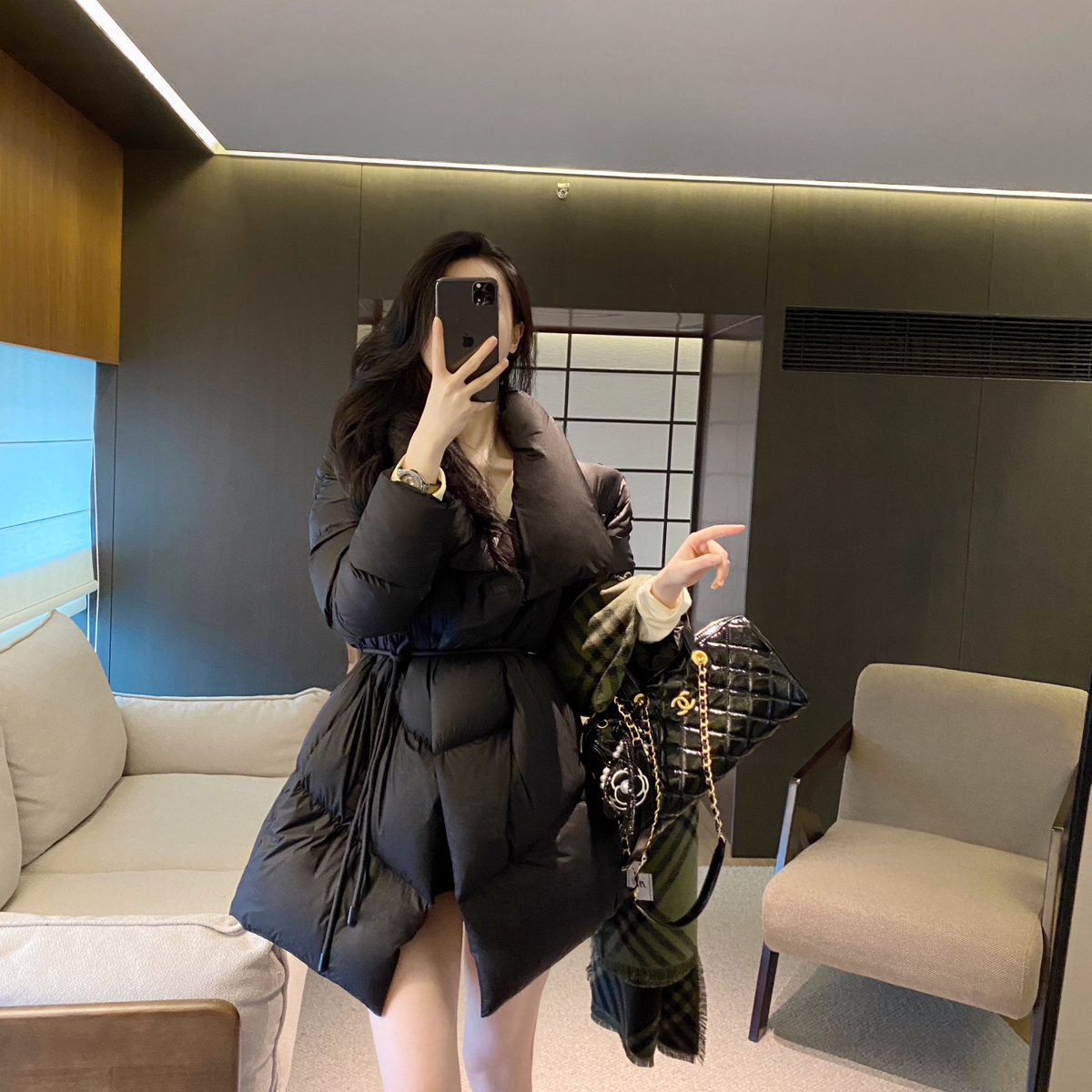 冬上新欧货大牌简约长款保暖羽绒服外套(配腰绳)（含90%白鸭绒）