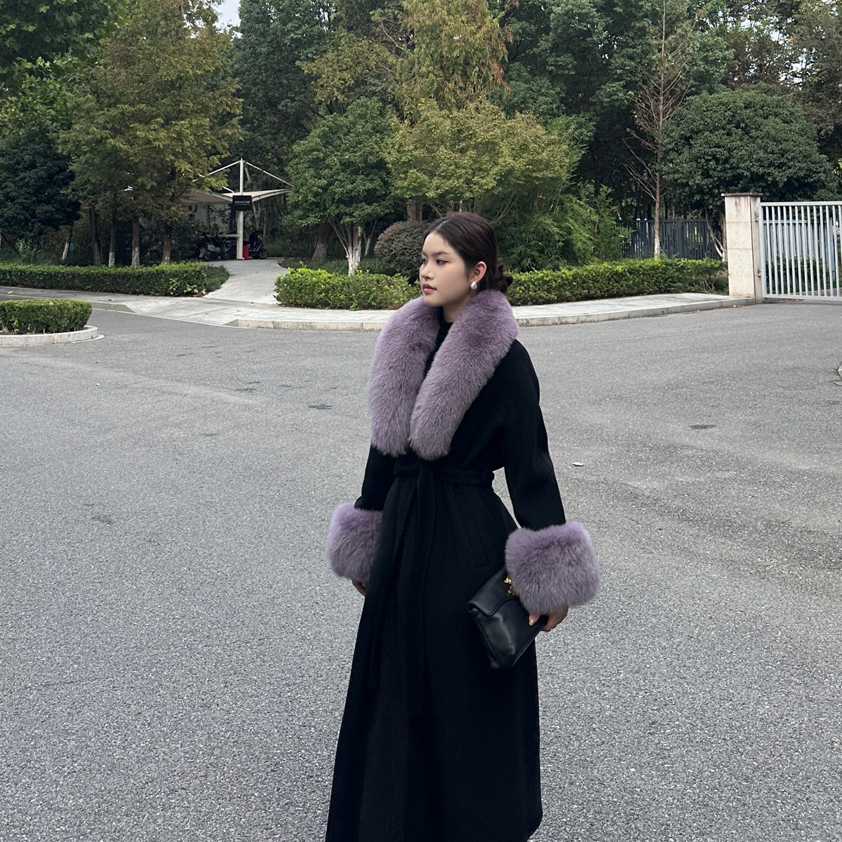 冬上新法式复古收腰系带长款羊毛外套(配腰带)（含95%绵羊毛）