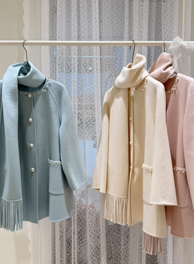 冬上新时尚百搭钉珠圆领单排扣羊毛外套(配围巾)（含10%羊绒）